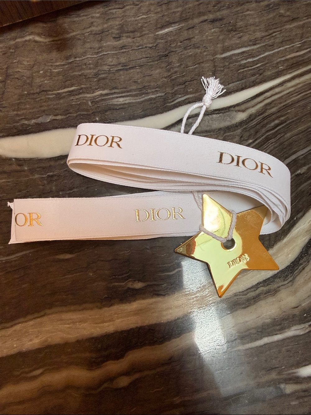 Dior White Ribbon with Gold Logo &  Gold Dior Star Charm